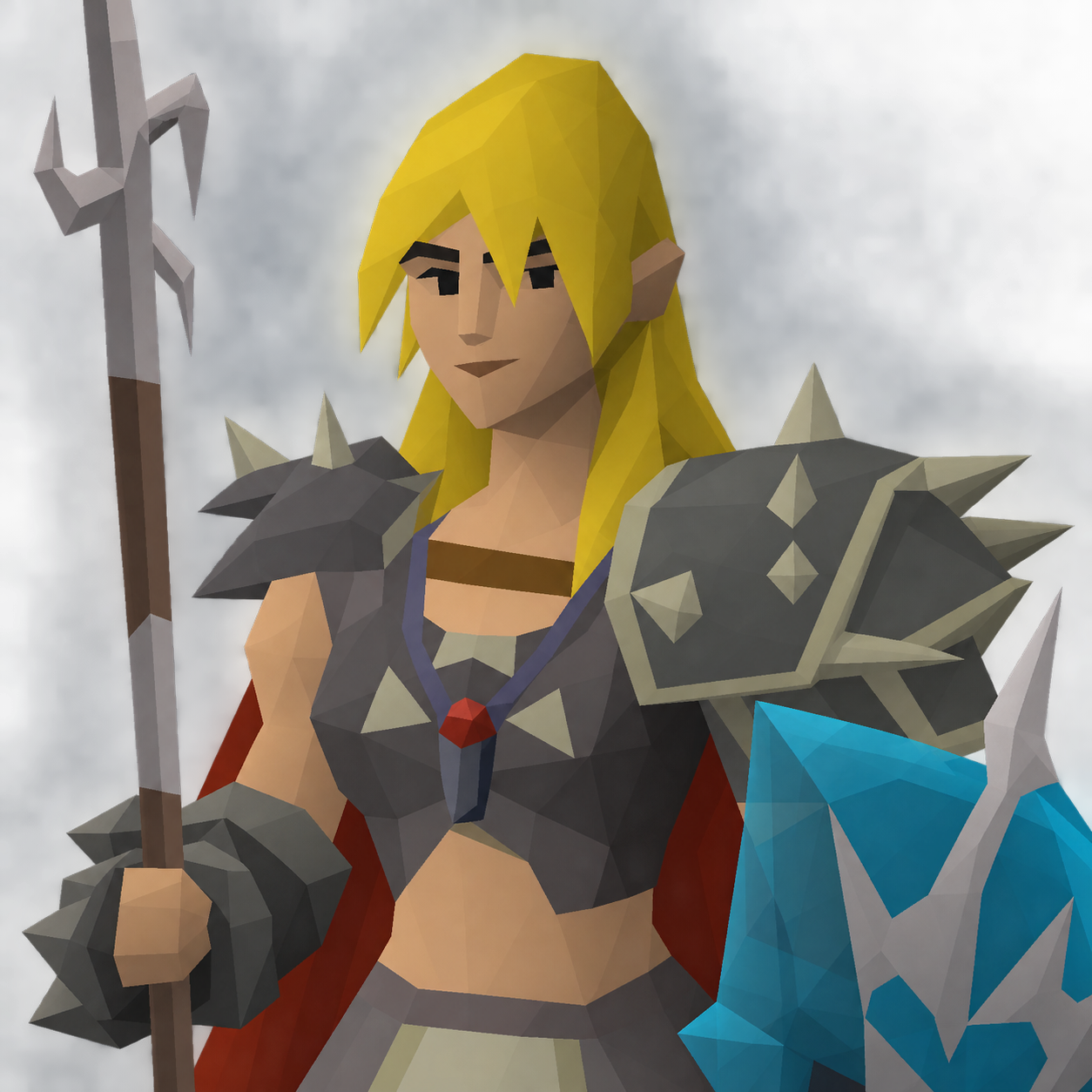 Nieve in low-poly OSRS style, with blonde hair, spiked Bandos armour, hasta and blue elysian shield
